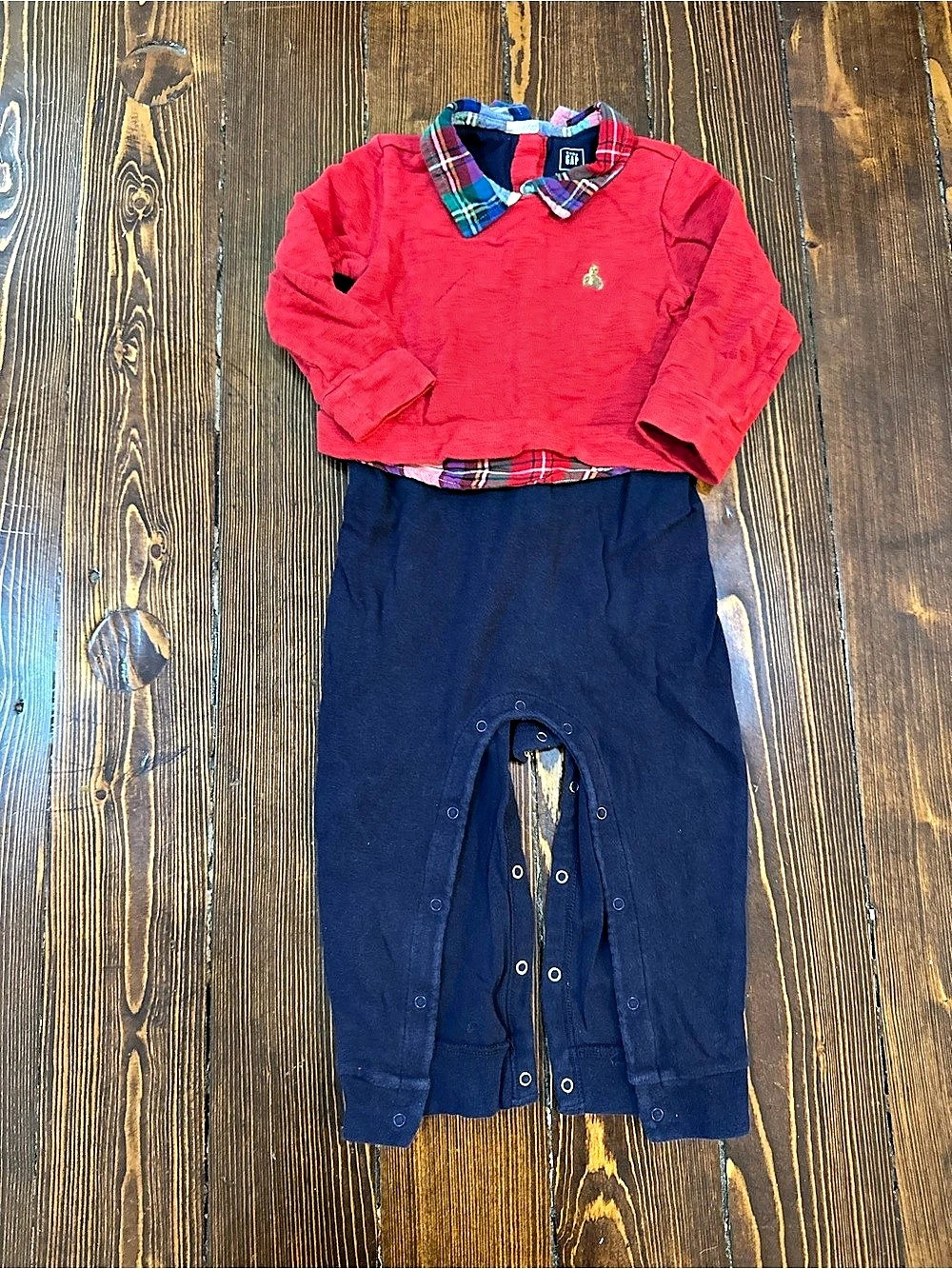 Baby Gap Jumpsuit - Red Top with Plaid Collar and Navy Bottoms, One Piece!